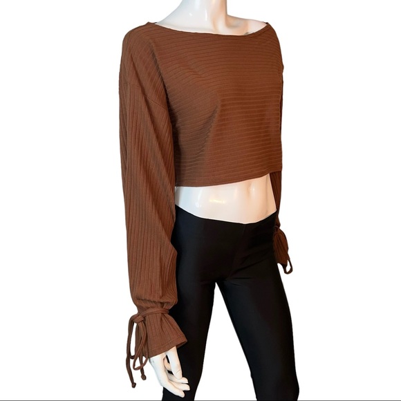 Fashion Nova 2 Piece Long Poet Sleeves Ribbed Brown Crop Top and Pants - Picture 6 of 15
